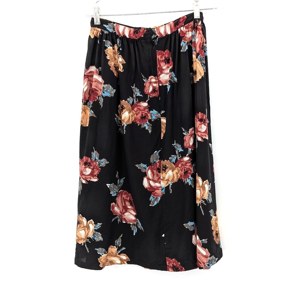 Vintage Floral Midi Skirt‎ Black Rayon Pleated Size 12 USA Made Cottage Boho - Picture 2 of 9